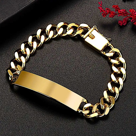 Gold Plated Name Tag Cuban Unisex Chain Link Bracelet - Picture 4 of 10